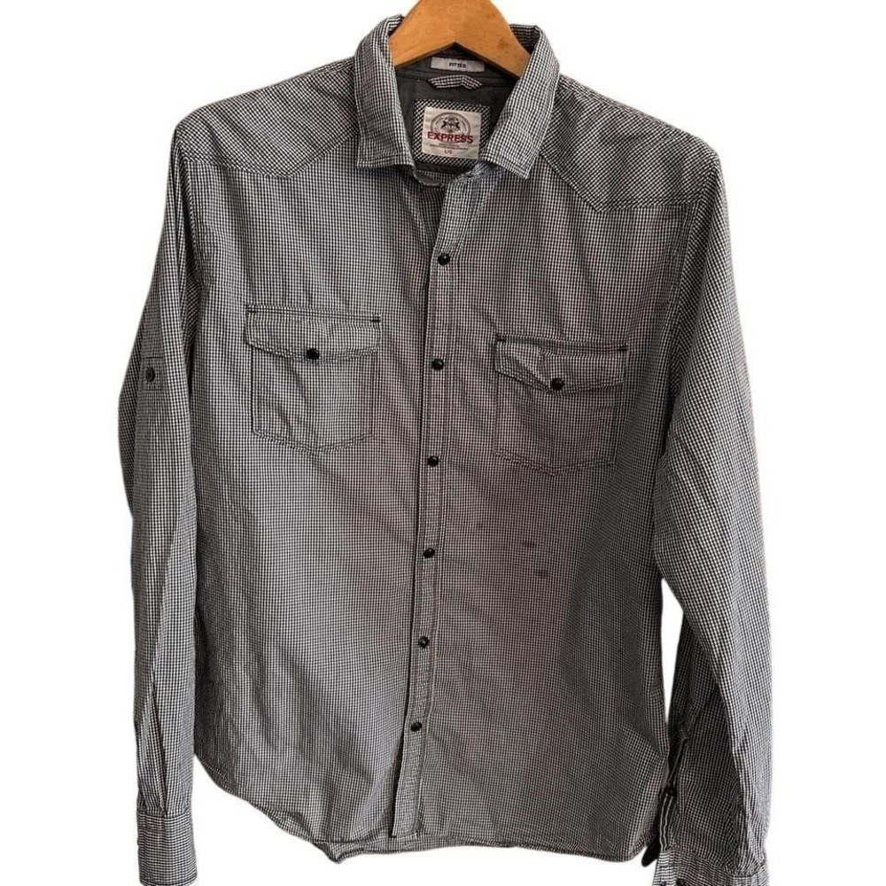 Epress Mens Fitted Shirt Large Black White Gigham Snap Up Pockets Western Cowboy